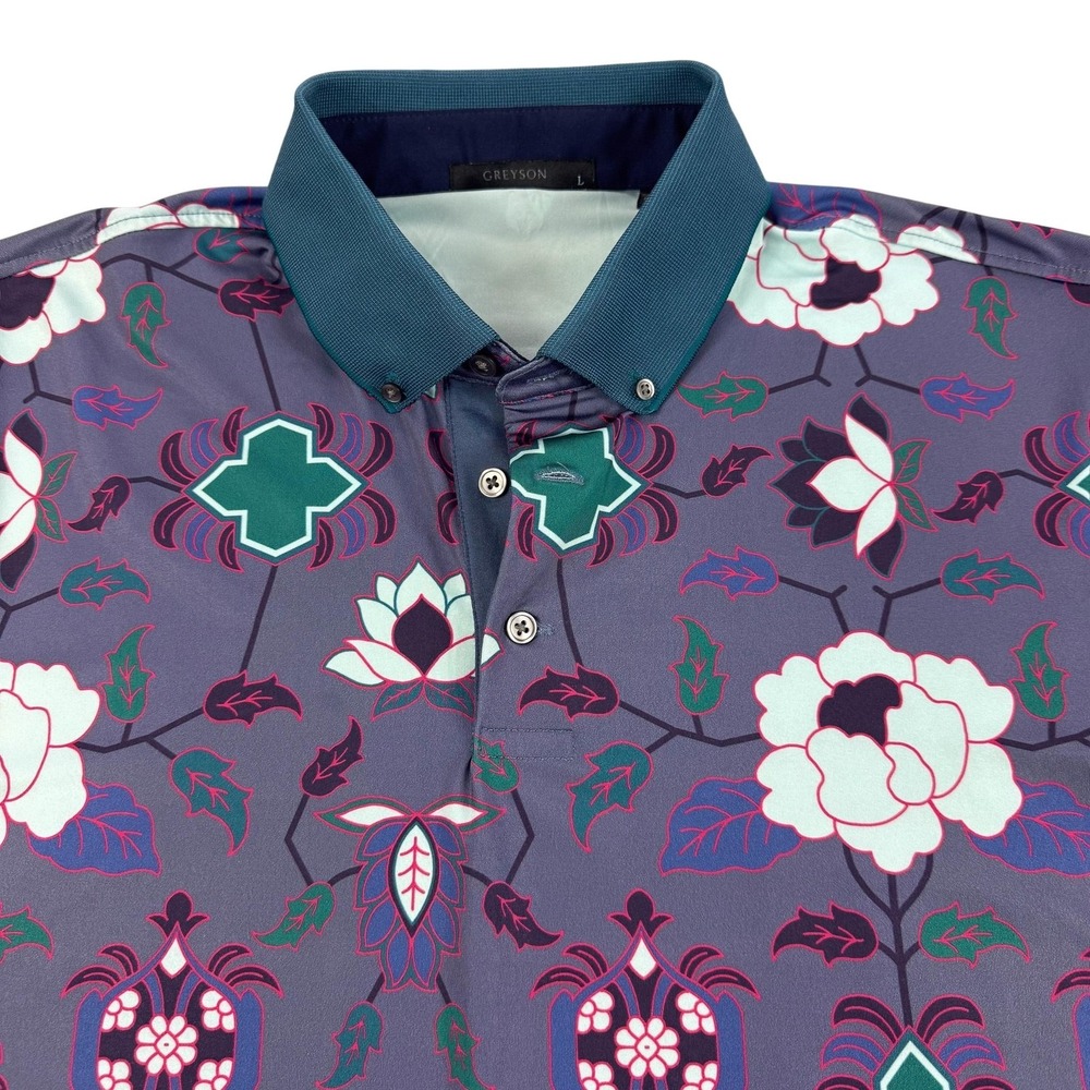 Greyson Polo Shirt Mens Large Purple Floral Golf Performance Stretch Top AOP